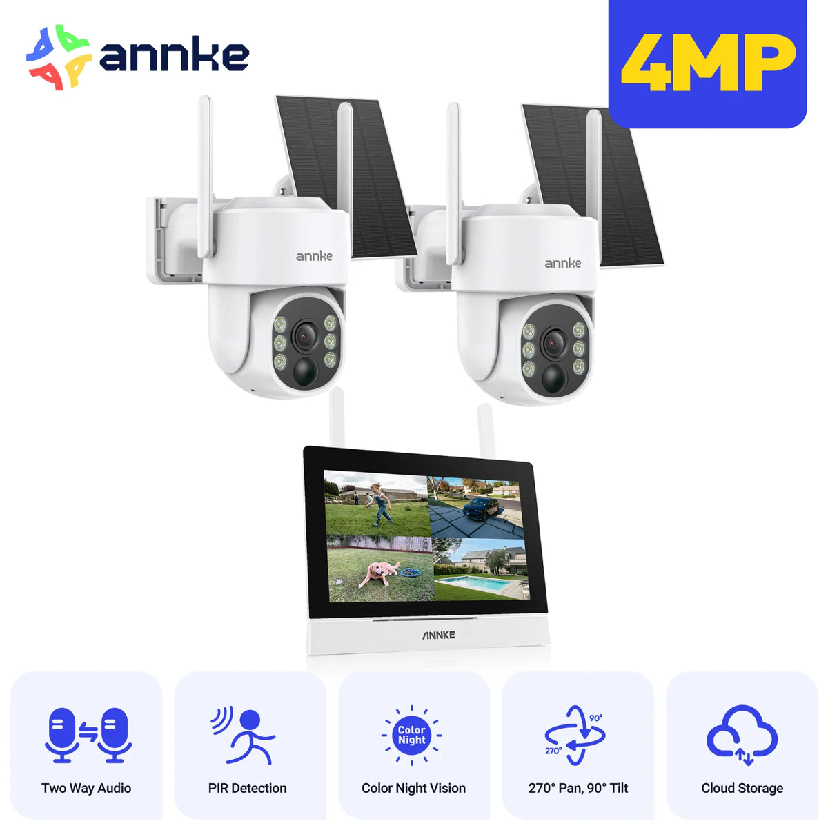 ANNKE Wireless Security Camera System 4MP Solar Powered Outdoor CCTV Kit NVR 7 Inch Touch Screen PTZ IP Camera Two-Way Audio PIR Human Detection Motion Alert Waterproof Home Surveillance