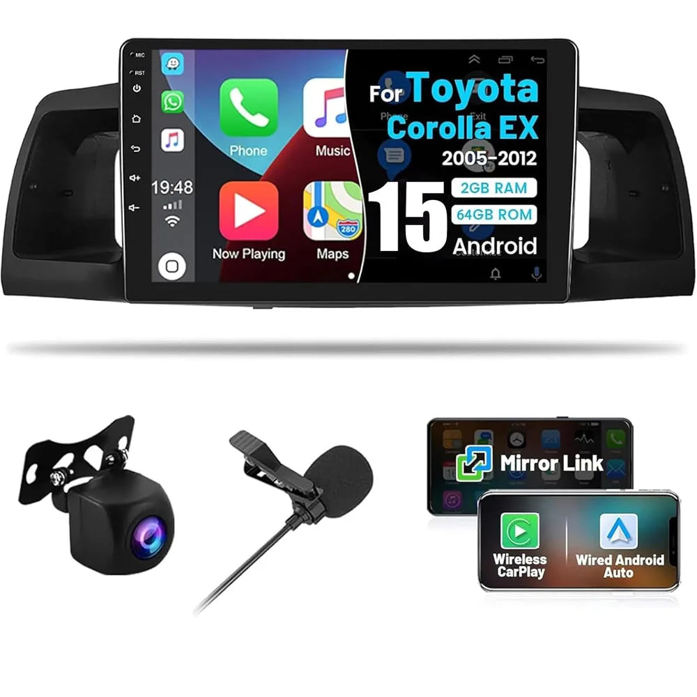 New 9inch Android 15 Quad Core Touch Car Stereo Radio Multimedia Video Player GPS Navigation Head Unit For Toyota Corolla EX 2005-2012 Support Wireless Carplay Android Bluetooth WiFi FM RDS DSP SWC Mirror Link Reverse Camera