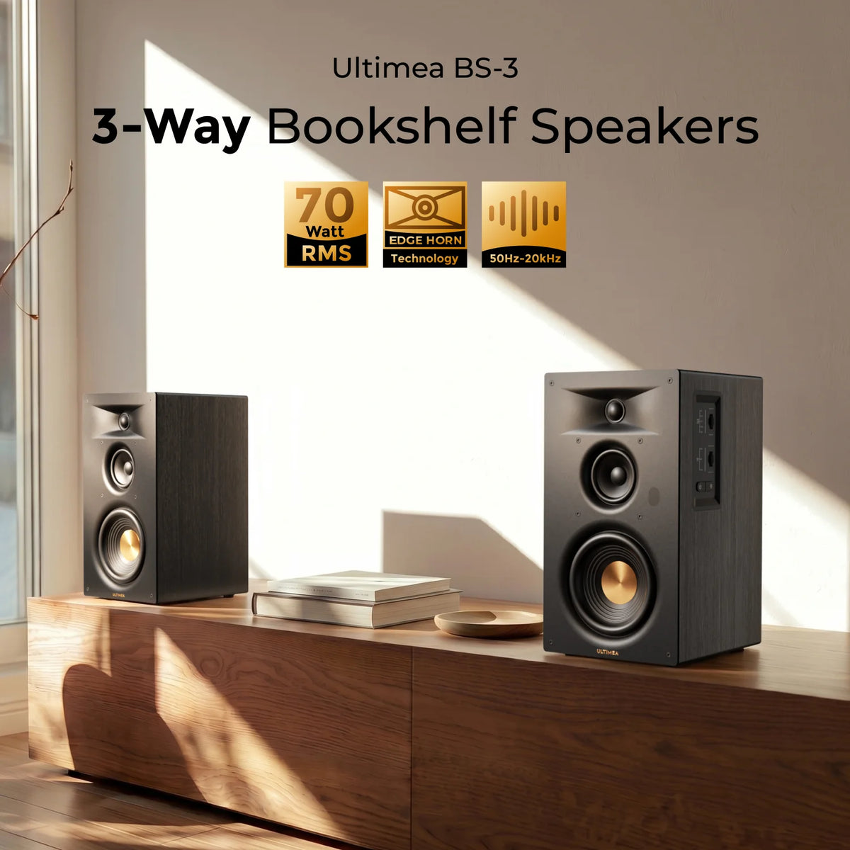 ULTIMEA 3-Way Bookshelf Speakers with 5.25'' Woofer, 70W RMS, App Control, Edge Horn Tech&BassMX for Home Theater, Record Player