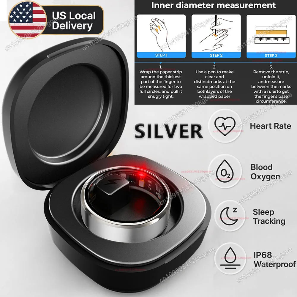 Local US Smart Ring with Charging Case for Men Women Heart Rate Blood Oxygen and Sleep Monitor, IP68 Waterproof Multi-sport Mode