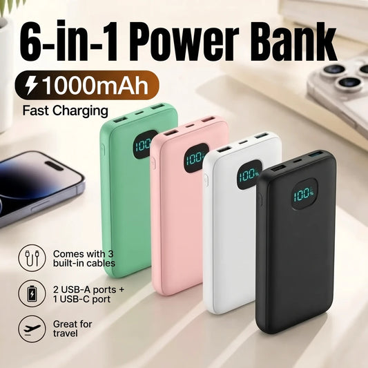 6-in-1 Power Bank 10000mAh PD 12.5W Fast Charging Phone External Battery Powerbank Charger for Xiaomi Poco iPhone Samsung iPad