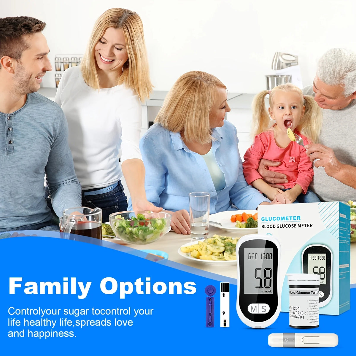 Blood Glucose Meter Glucometer Medical Diabetes Tester Blood Sugar Monitor Device with 50 Test Strips 50 Lancets Lancing Pen No Coding Auto Ejection Dual User Memory LED Large Screen Electronic Health Care Monitor