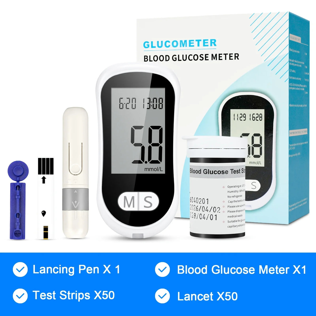 Blood Glucose Meter Glucometer Medical Diabetes Tester Blood Sugar Monitor Device with 50 Test Strips 50 Lancets Lancing Pen No Coding Auto Ejection Dual User Memory LED Large Screen Electronic Health Care Monitor