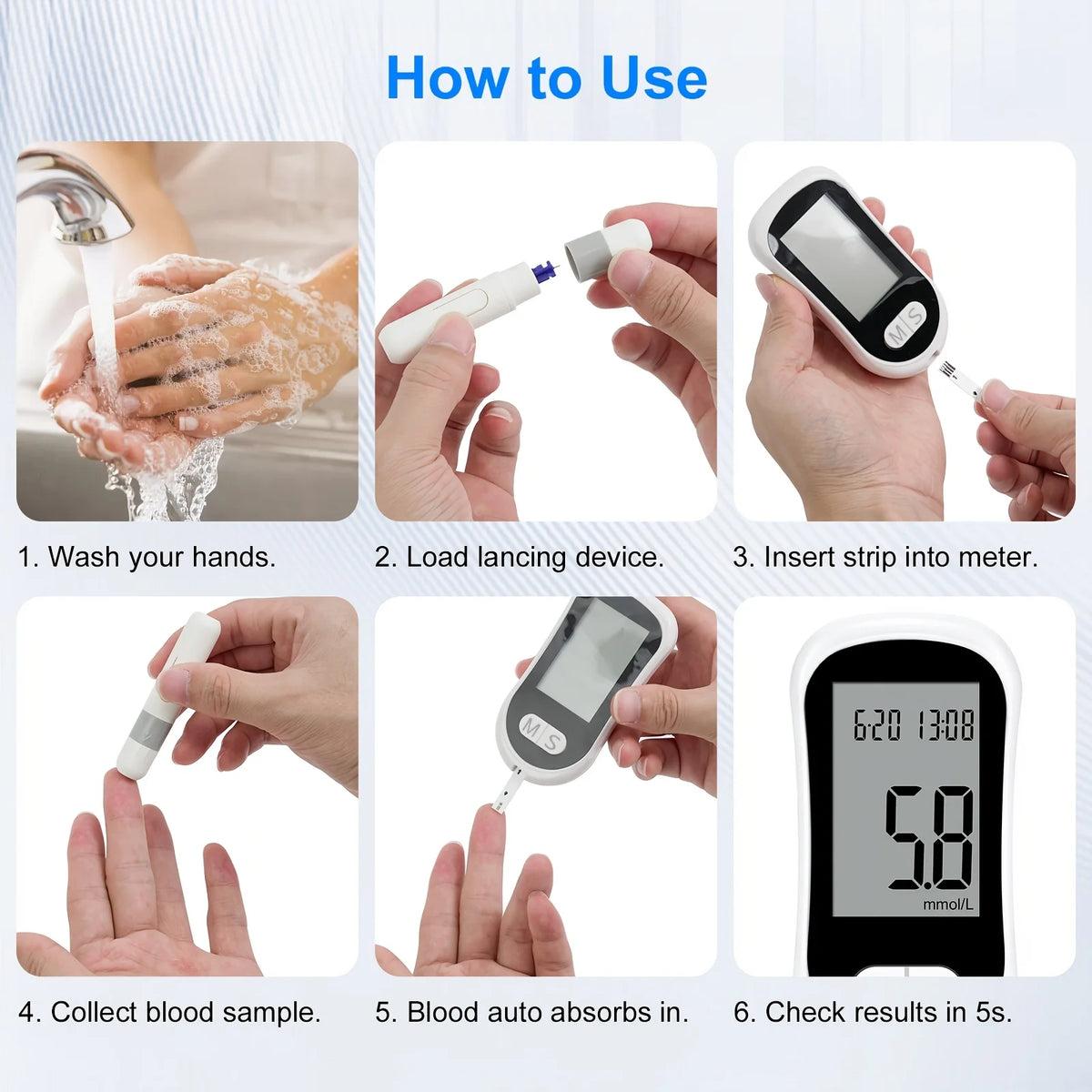 Blood Glucose Meter Glucometer Medical Diabetes Tester Blood Sugar Monitor Device with 50 Test Strips 50 Lancets Lancing Pen No Coding Auto Ejection Dual User Memory LED Large Screen Electronic Health Care Monitor