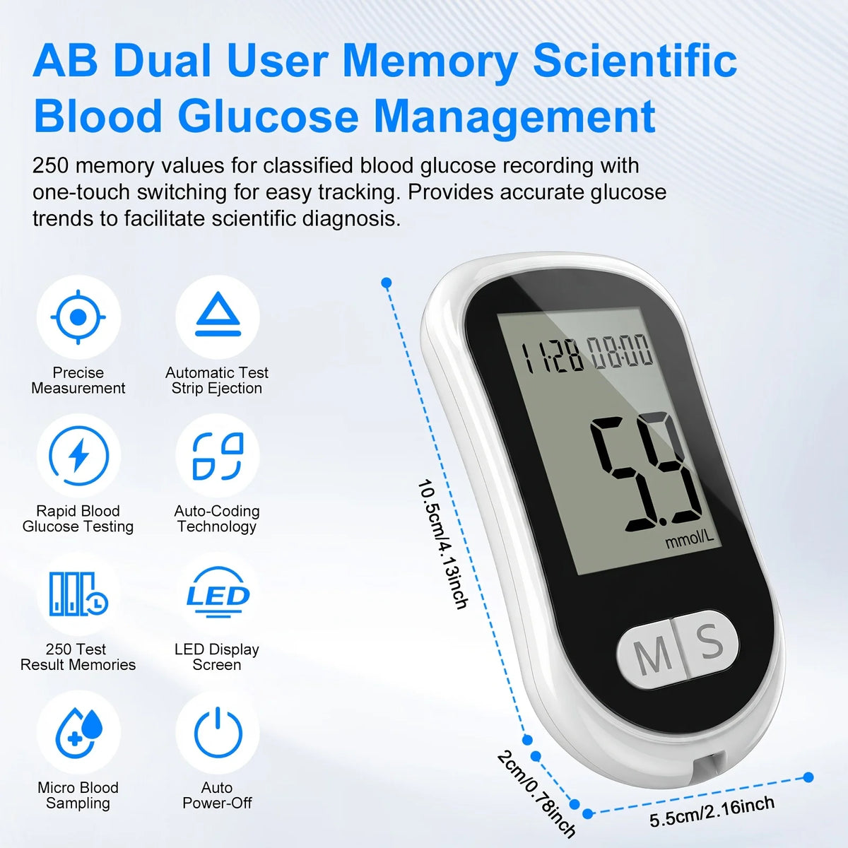 Blood Glucose Meter Glucometer Medical Diabetes Tester Blood Sugar Monitor Device with 50 Test Strips 50 Lancets Lancing Pen No Coding Auto Ejection Dual User Memory LED Large Screen Electronic Health Care Monitor