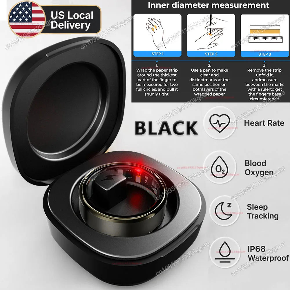 Local US Smart Ring with Charging Case for Men Women Heart Rate Blood Oxygen and Sleep Monitor, IP68 Waterproof Multi-sport Mode