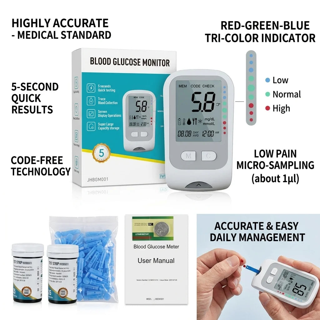 Blood Glucose Monitor Medical Diabetics Glucometer Kit with 50 Test Strips and Lancets Tri-color Backlight Blood Sugar Test Meter Low Pain High Accuracy Diabetes Home Healthcare Device Siphon Blood Collection