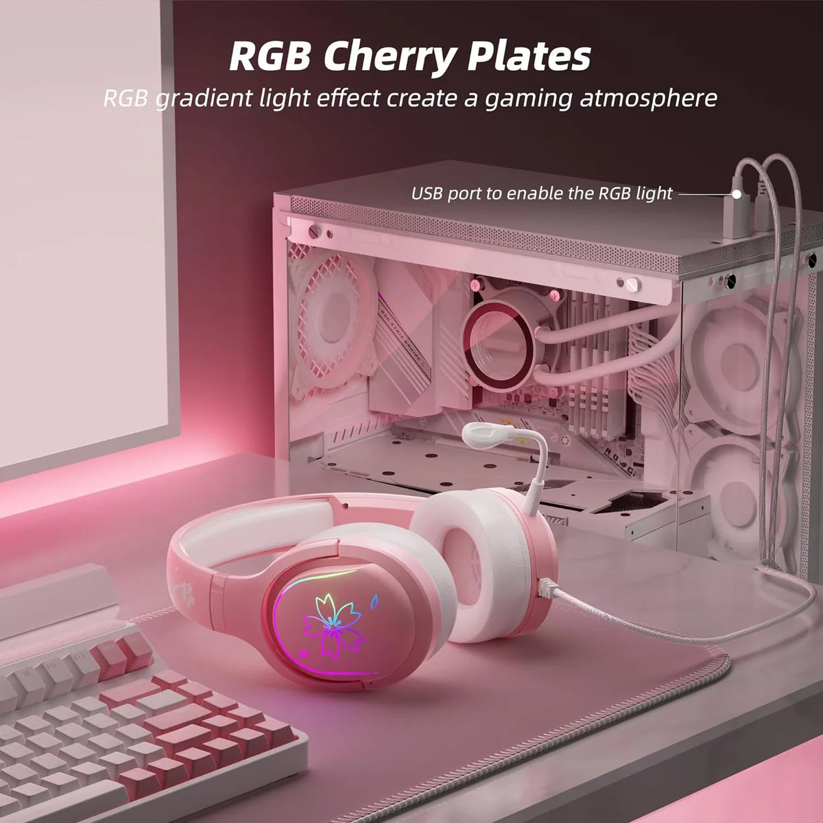 Cherry Blossom Stereo Gaming Headset for PS4/PS5/Xbox/PC/Mac/Switch, RGB Gradient Light Wired Gaming Headphones with Mic, Surround Sound Bass, Soft Memory Earmuffs for Kids & Girls/Women