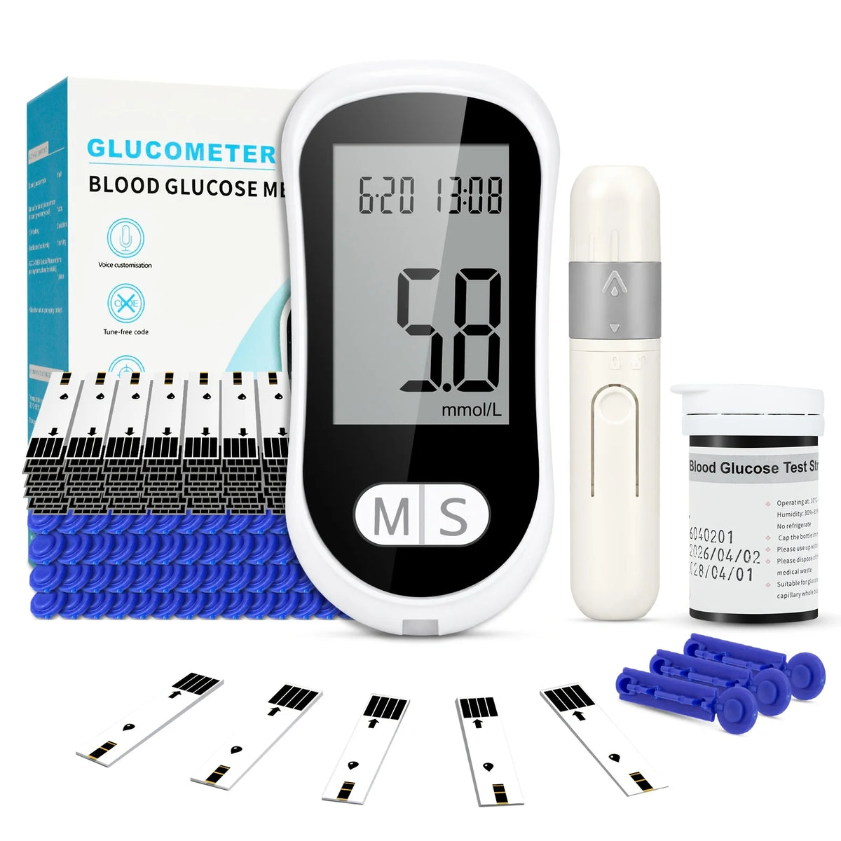 Blood Glucose Meter Glucometer Medical Diabetes Tester Blood Sugar Monitor Device with 50 Test Strips 50 Lancets Lancing Pen No Coding Auto Ejection Dual User Memory LED Large Screen Electronic Health Care Monitor