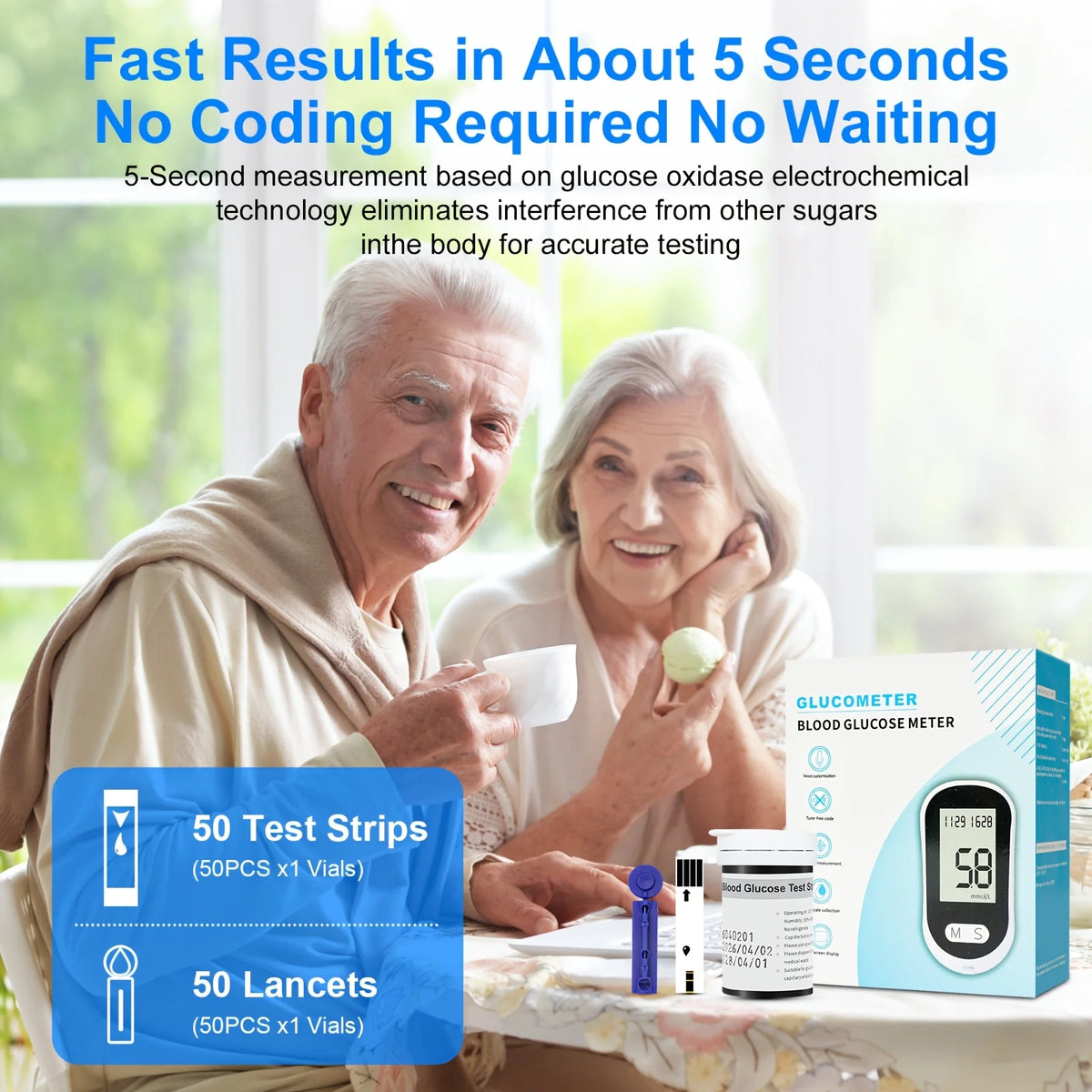 Blood Glucose Meter Glucometer Medical Diabetes Tester Blood Sugar Monitor Device with 50 Test Strips 50 Lancets Lancing Pen No Coding Auto Ejection Dual User Memory LED Large Screen Electronic Health Care Monitor