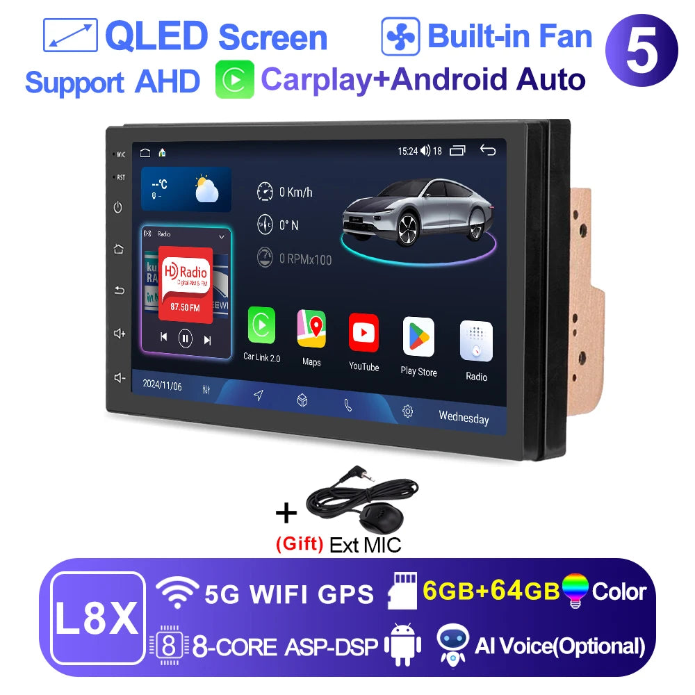 LEHX Universal 7 Inch 2 din Android 15 Car Radio 2.5D QLED Screen Car Multimedia Player Carplay Android Auto Stereo Autoradio