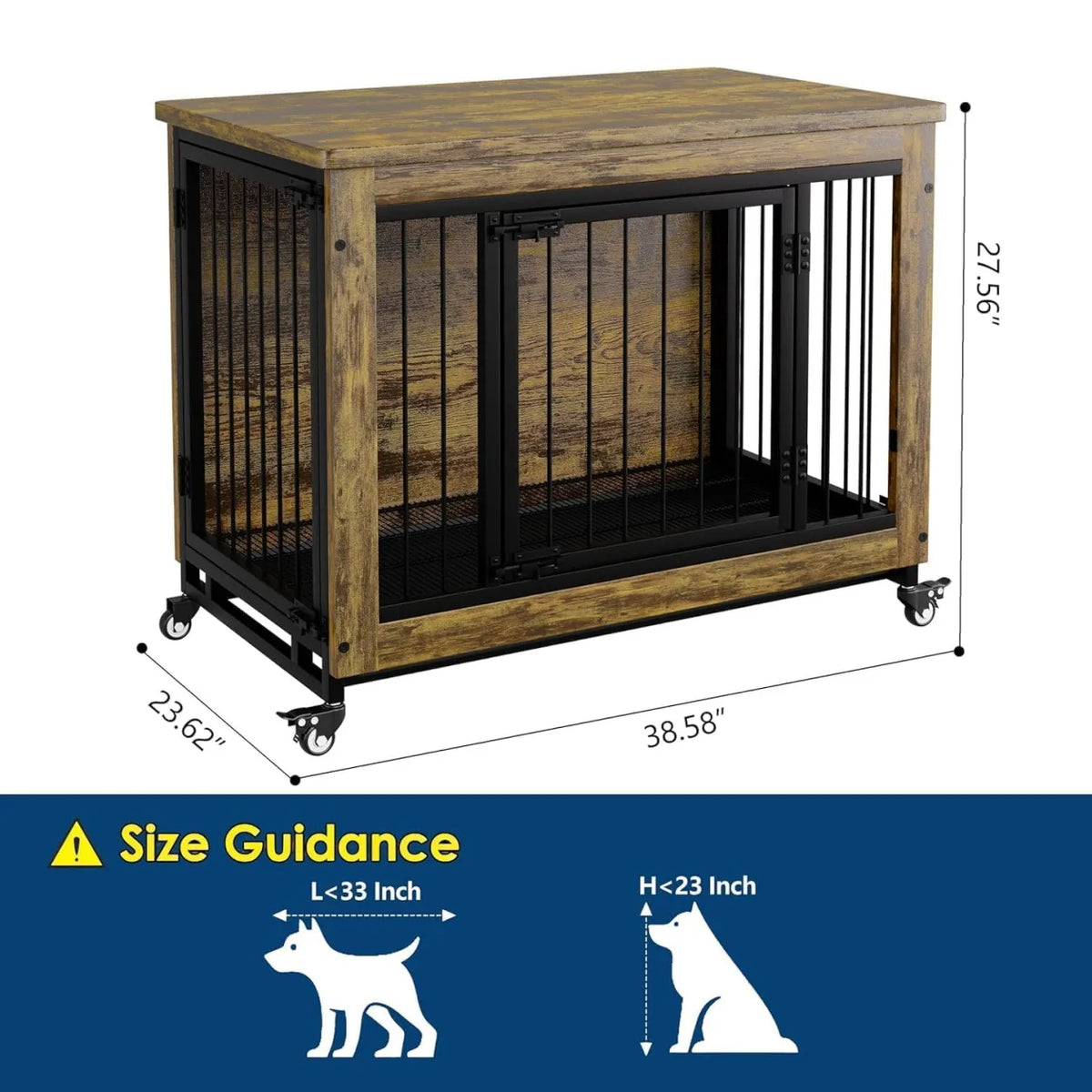 38 Inch Dog Crate Furniture Wooden Dog Kennel End Table with 3 Doors Locking Wheels Removable Tray Divider Indoor Pet Cage Side Table for Small Medium Dogs Retro Brown