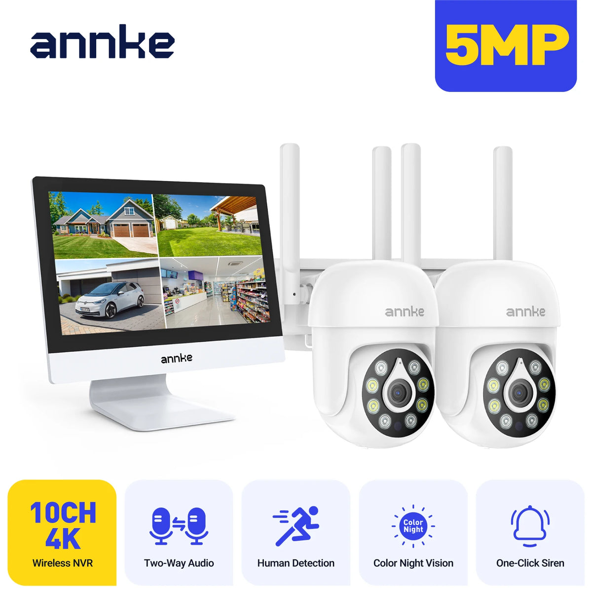 Annke 4MP Solar Security Cameras 10CH NVR 2.4G 5.8G 5MP PTZ WiFi Security Cameras PIR Color Night Vision Camera Security WiFi