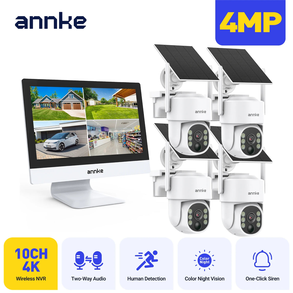 Annke 4MP Solar Security Cameras 10CH NVR 2.4G 5.8G 5MP PTZ WiFi Security Cameras PIR Color Night Vision Camera Security WiFi