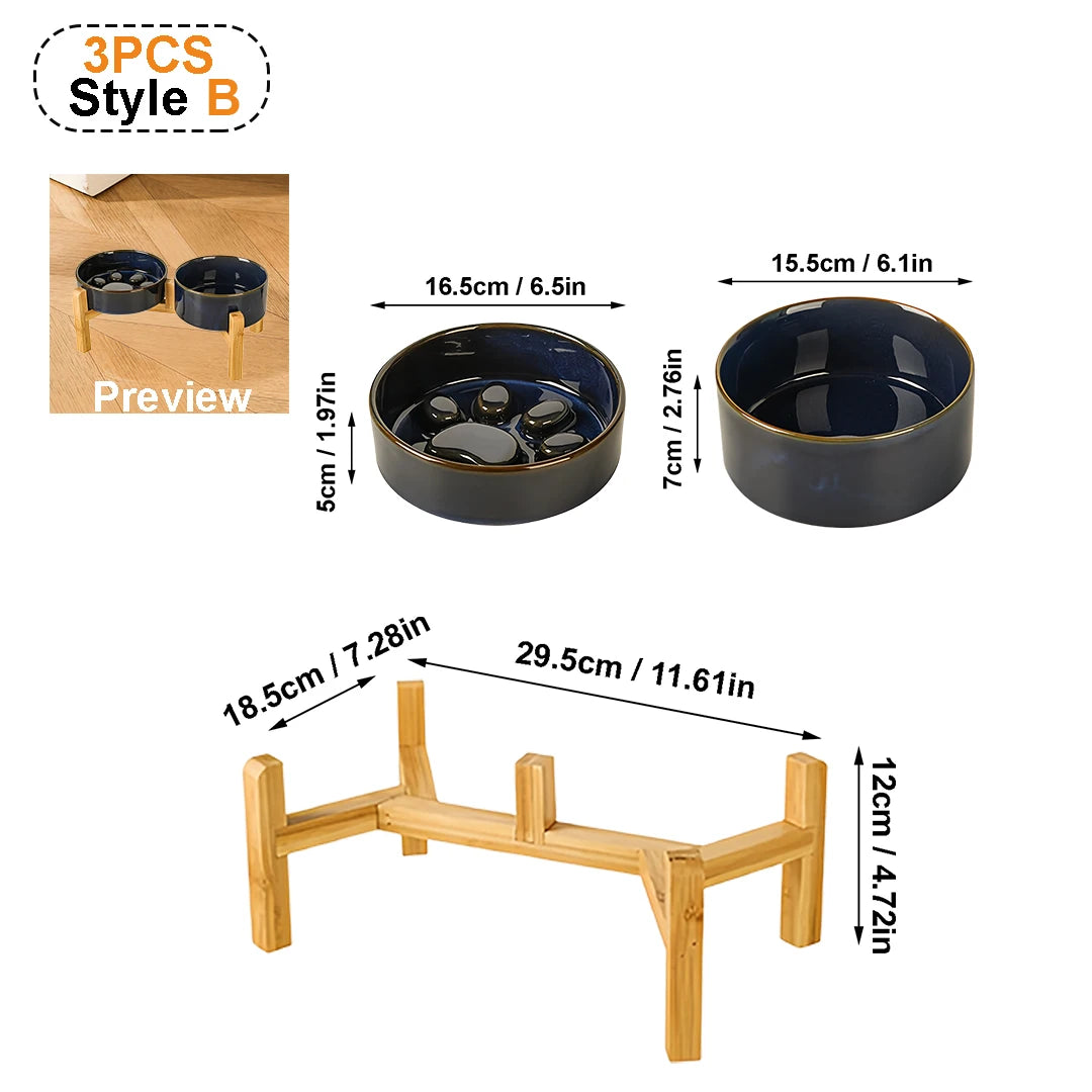 Kiln-Glaze Slow Feeder Pet Bowl with Elevated Wooden Stand, Anti-Tip Cat Dog Food Water Dish, Neck-Friendly Feeder