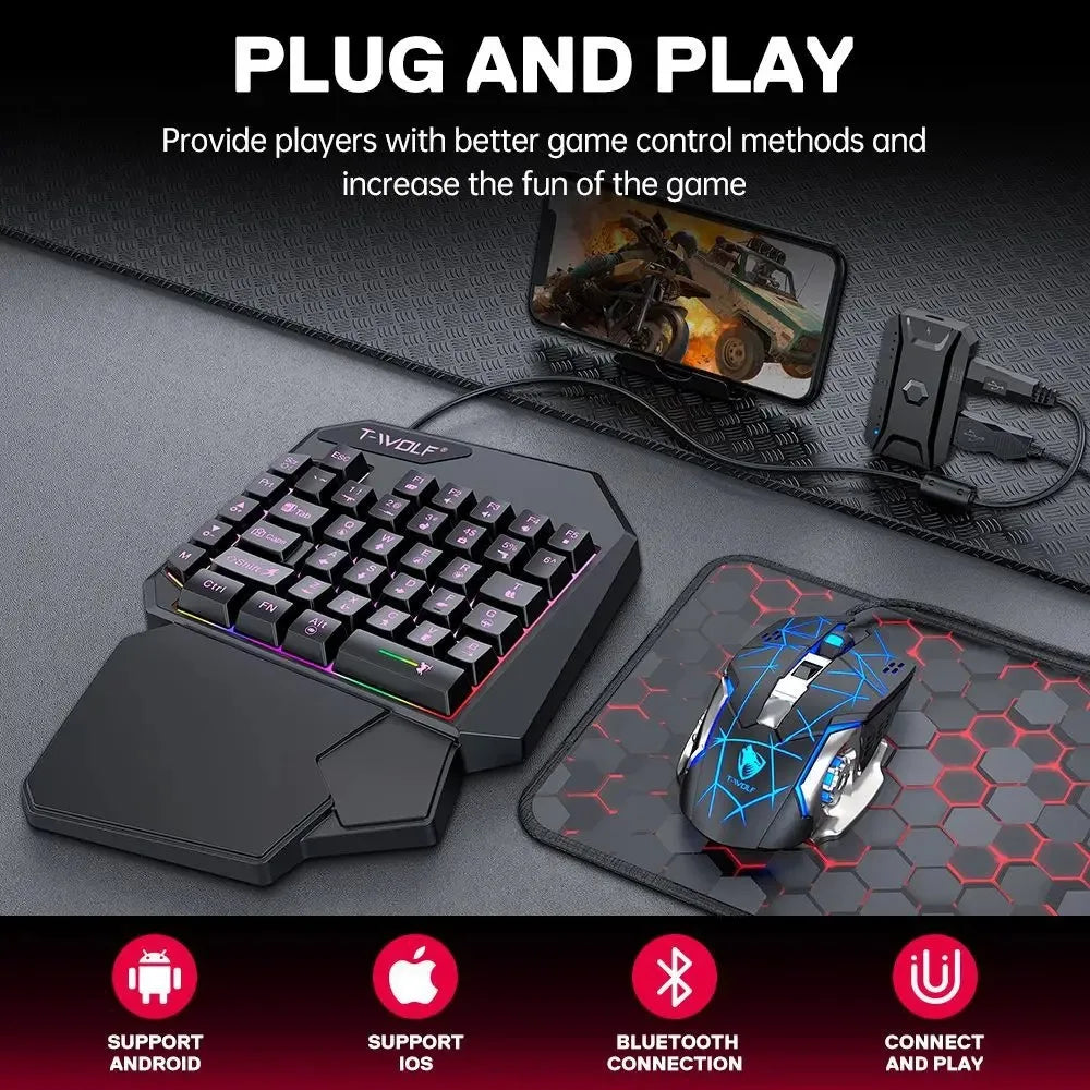 5 in 1 RGB Gaming Keyboard Mouse Combo One Handed Controller Converter  Wired Low Latency for PUBG Mobile Android iOS PC