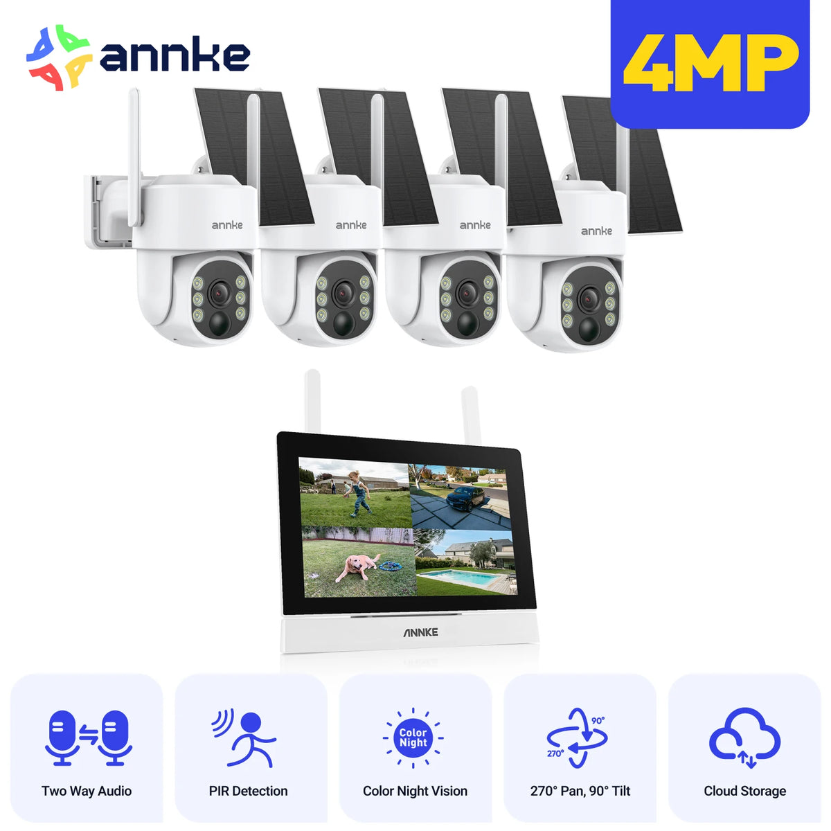 ANNKE Wireless Security Camera System 4MP Solar Powered Outdoor CCTV Kit NVR 7 Inch Touch Screen PTZ IP Camera Two-Way Audio PIR Human Detection Motion Alert Waterproof Home Surveillance