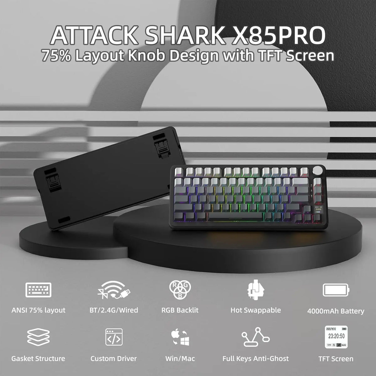 ATTACK SHARK X85Pro 75% Mechanical Keyboard with Screen & Knob Hot Swappable Wireless 2.4GHz/Bluetooth/Wired RGB Gasket Mount QM