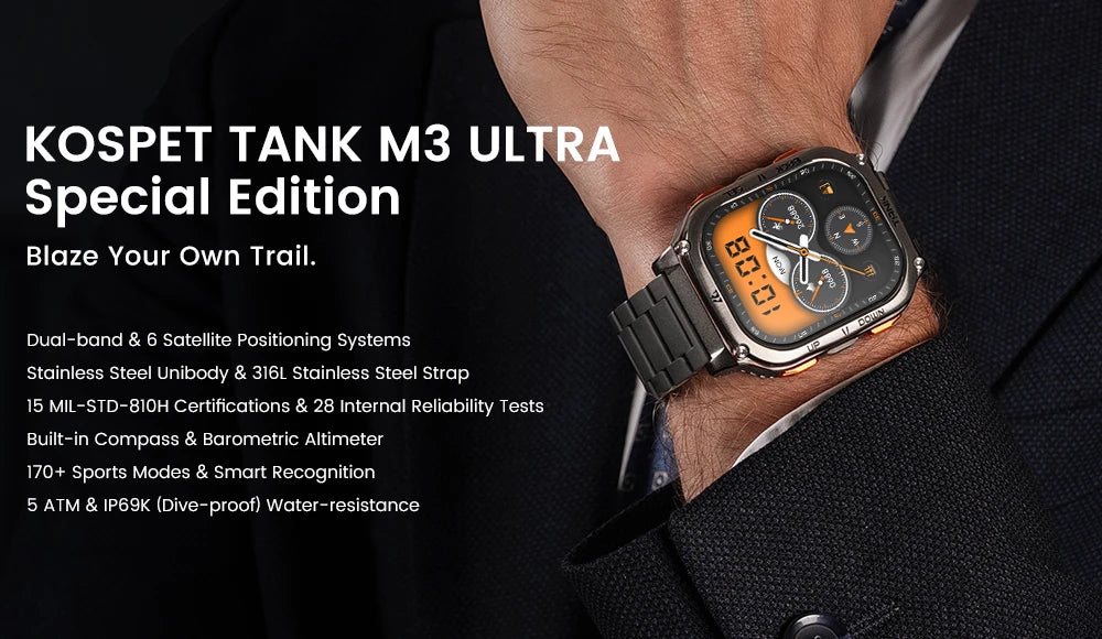 2025 New KOSPET TANK M3 Ultra GPS Smartwatch For Men Waterproof 5ATM AMOLED AOD 480mAh Digital Bluetooth Call Men's Watches