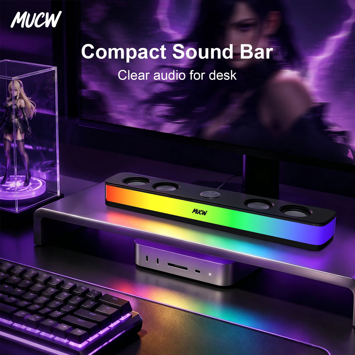 MUCW MU‑C17 Desktop RGB Sound Bar Speaker Bluetooth 5.4 & USB Wired Dual Mode 6W Stereo Gaming Soundbar with Colorful LED Light for Laptop PC Gamer Home Office