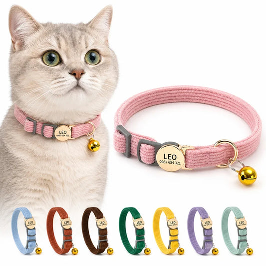 Custom Cat Collar Personalized Laser Engraved ID Tag Anti-Lost Collar  Soft Corduroy Kitten Collar with Safety Breakaway Buckle