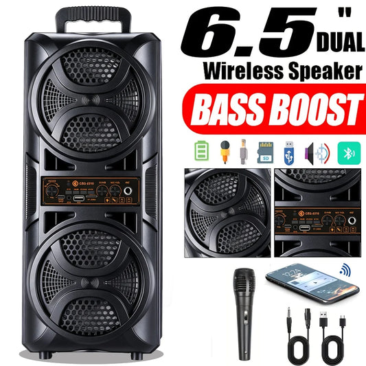 Portable Bluetooth Party Box Speaker Dual 6.5‑Inch Subwoofer Heavy Bass Boombox with Wired Microphone, Support 6.35mm Mic AUX TF Card USB FM Radio for Outdoor Camping Home Karaoke Party