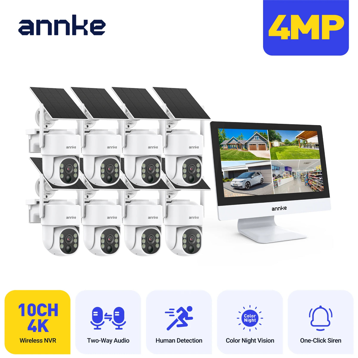 Annke 4MP Solar Security Cameras 10CH NVR 2.4G 5.8G 5MP PTZ WiFi Security Cameras PIR Color Night Vision Camera Security WiFi