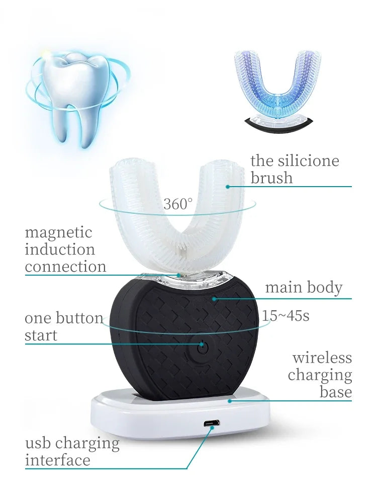 Ultrasonic Electric Toothbrush Adult, Automatic U-Shape Full Mouth 360° Clean Teeth Whitening IPX7 Waterproof