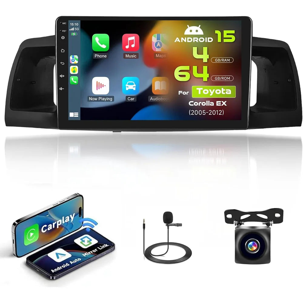 New 9inch Android 15 Quad Core Touch Car Stereo Radio Multimedia Video Player GPS Navigation Head Unit For Toyota Corolla EX 2005-2012 Support Wireless Carplay Android Bluetooth WiFi FM RDS DSP SWC Mirror Link Reverse Camera