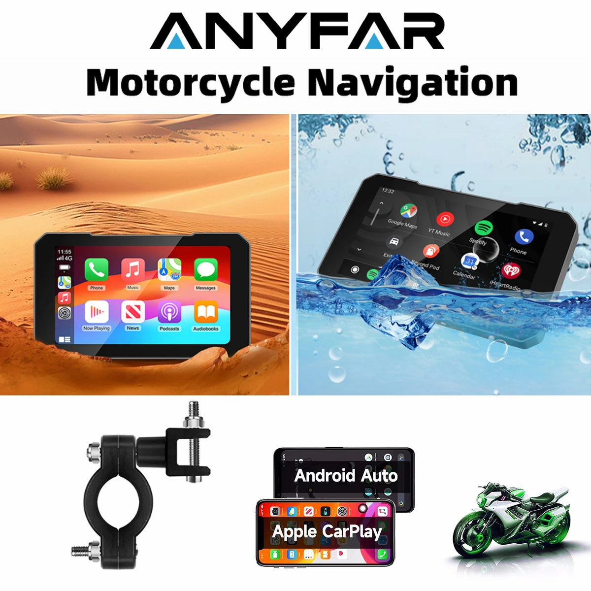 5 Inch Motorcycle Portable GPS Portable 5 inch Motorcycle GPS Navigation Wireless Carplay Android Auto IPX7 Waterproof LCD Display Moto Monitor Dual BT5.0 Multimedia Player