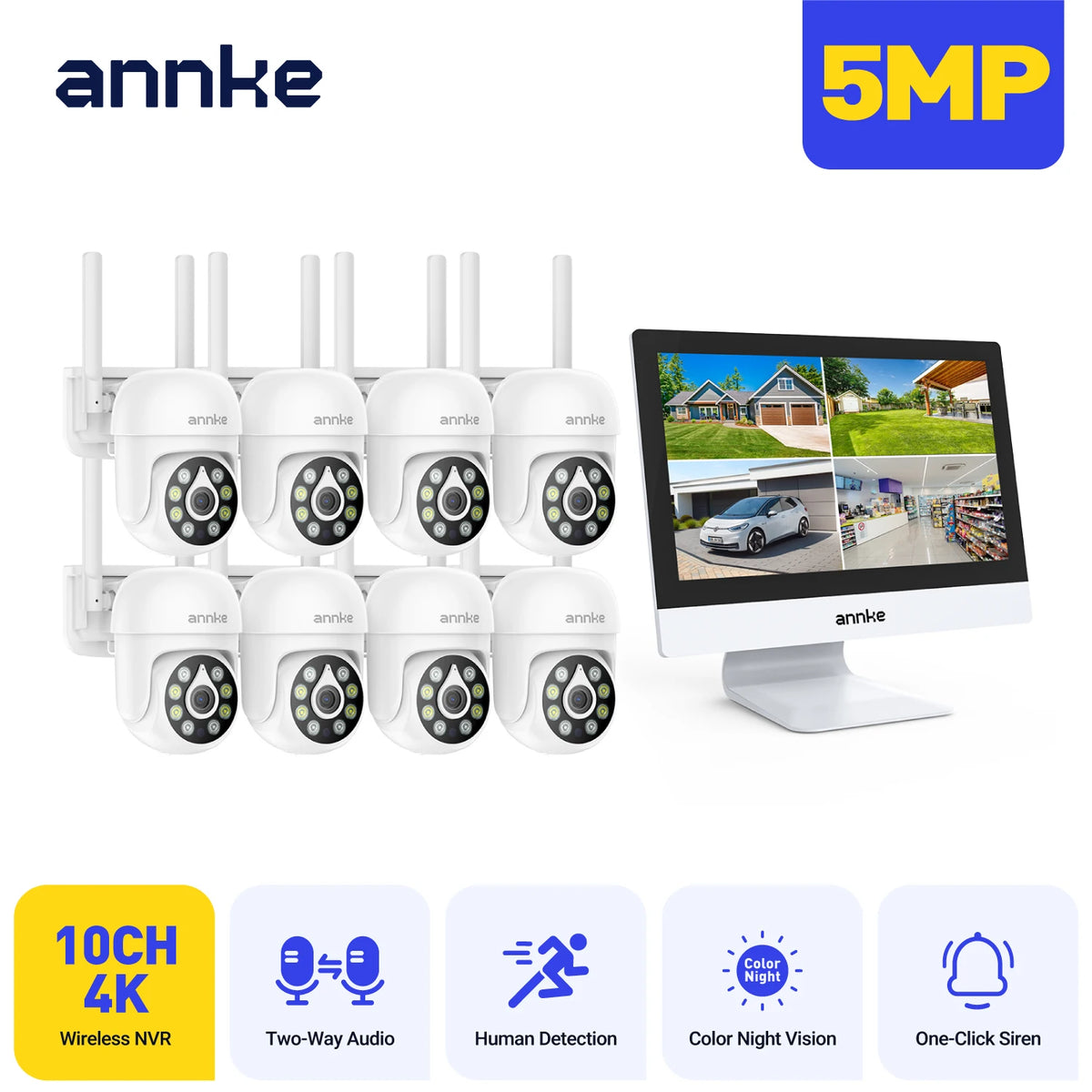 Annke 4MP Solar Security Cameras 10CH NVR 2.4G 5.8G 5MP PTZ WiFi Security Cameras PIR Color Night Vision Camera Security WiFi