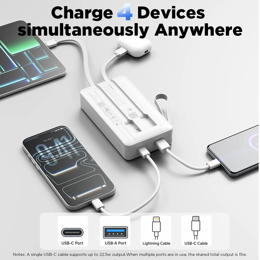 PISEN 22.5W Power Bank 20000mAh With Built-in Type C/L Cables Fast Charging Powerbank For iPhone Samsung