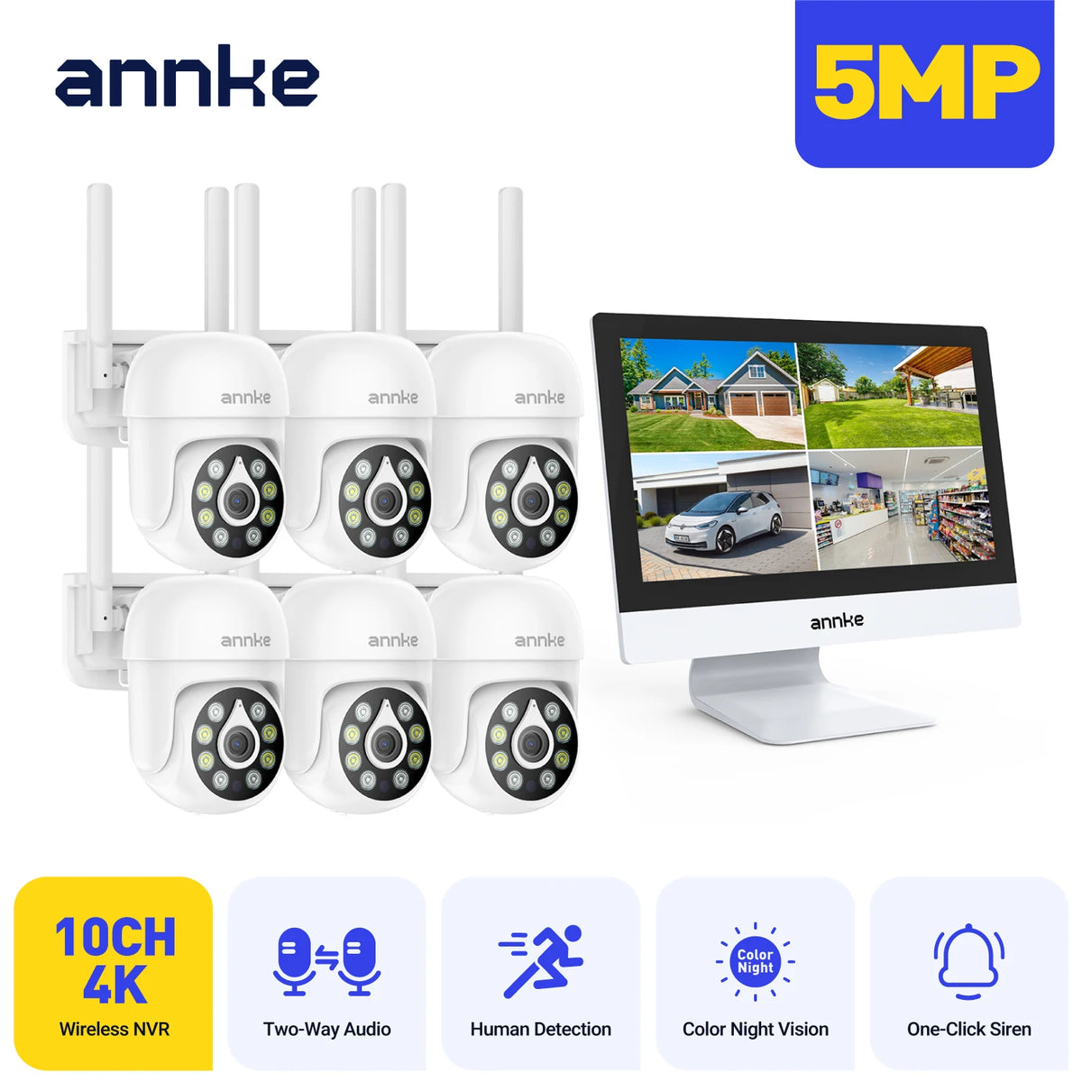Annke 4MP Solar Security Cameras 10CH NVR 2.4G 5.8G 5MP PTZ WiFi Security Cameras PIR Color Night Vision Camera Security WiFi