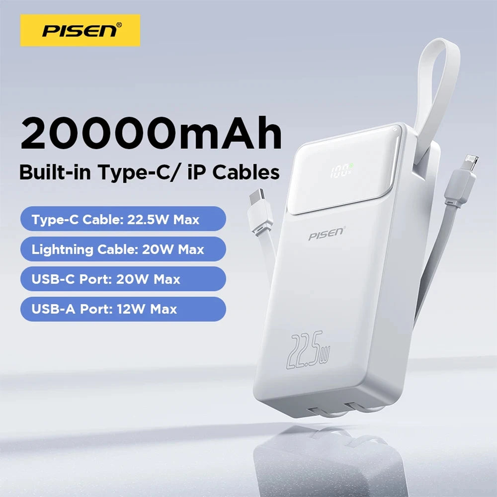 PISEN 22.5W Power Bank 20000mAh With Built-in Type C/L Cables Fast Charging Powerbank For iPhone Samsung