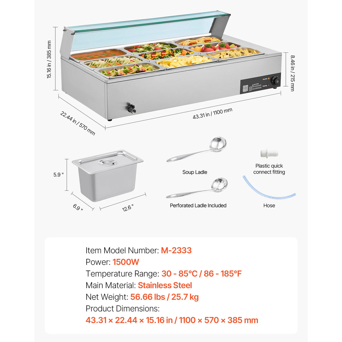 SucceBuy Commercial Food Warmer Electric Stainless Steel Steam Food Warmer Countertop Buffet Bain Marie with Soup for Catering