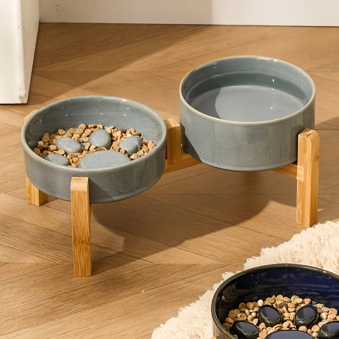 Kiln-Glaze Slow Feeder Pet Bowl with Elevated Wooden Stand, Anti-Tip Cat Dog Food Water Dish, Neck-Friendly Feeder