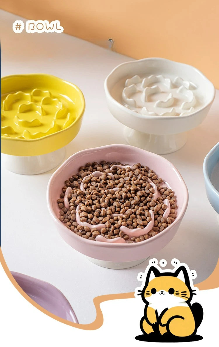 Elevated Cat Bowls Ceramic Slow Feeder Bowls Neck Protection Non-Slip Spill-Resistant for Dogs Cats Water Bowl