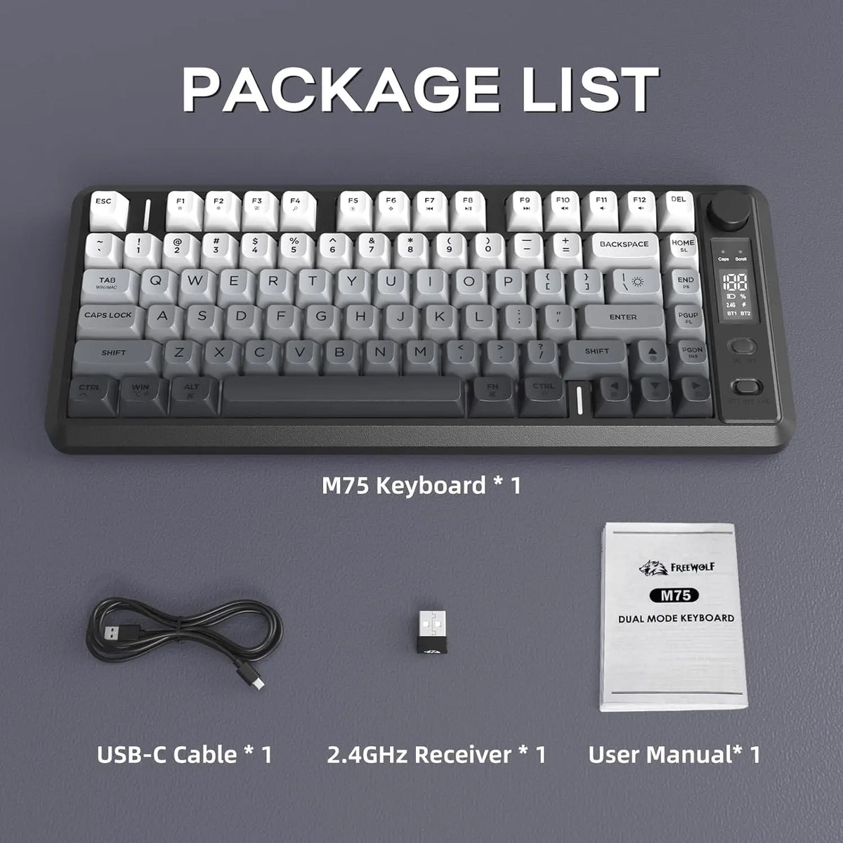 ATTACK SHARK M75 Wireless Membrane Gaming Keyboard with Knob&OLED Display Bluetooth/2.4Ghz Rainbow Backlit Gradient PBT Keycaps