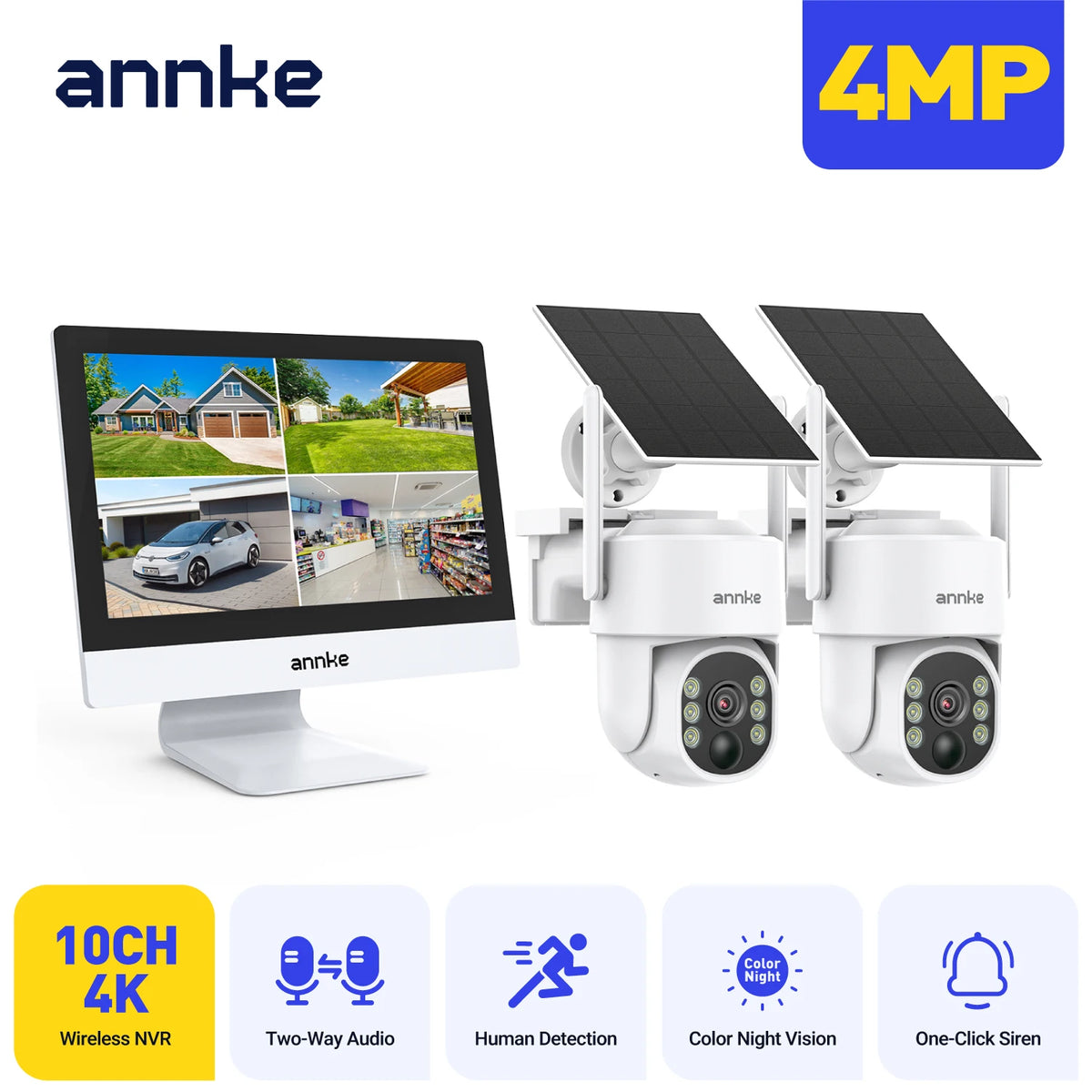Annke 4MP Solar Security Cameras 10CH NVR 2.4G 5.8G 5MP PTZ WiFi Security Cameras PIR Color Night Vision Camera Security WiFi