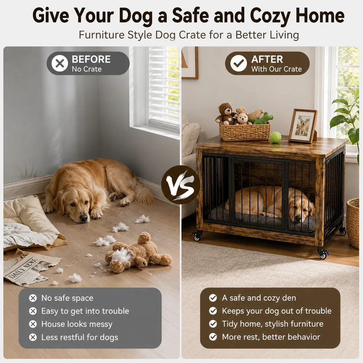 38 Inch Dog Crate Furniture Wooden Dog Kennel End Table with 3 Doors Locking Wheels Removable Tray Divider Indoor Pet Cage Side Table for Small Medium Dogs Retro Brown