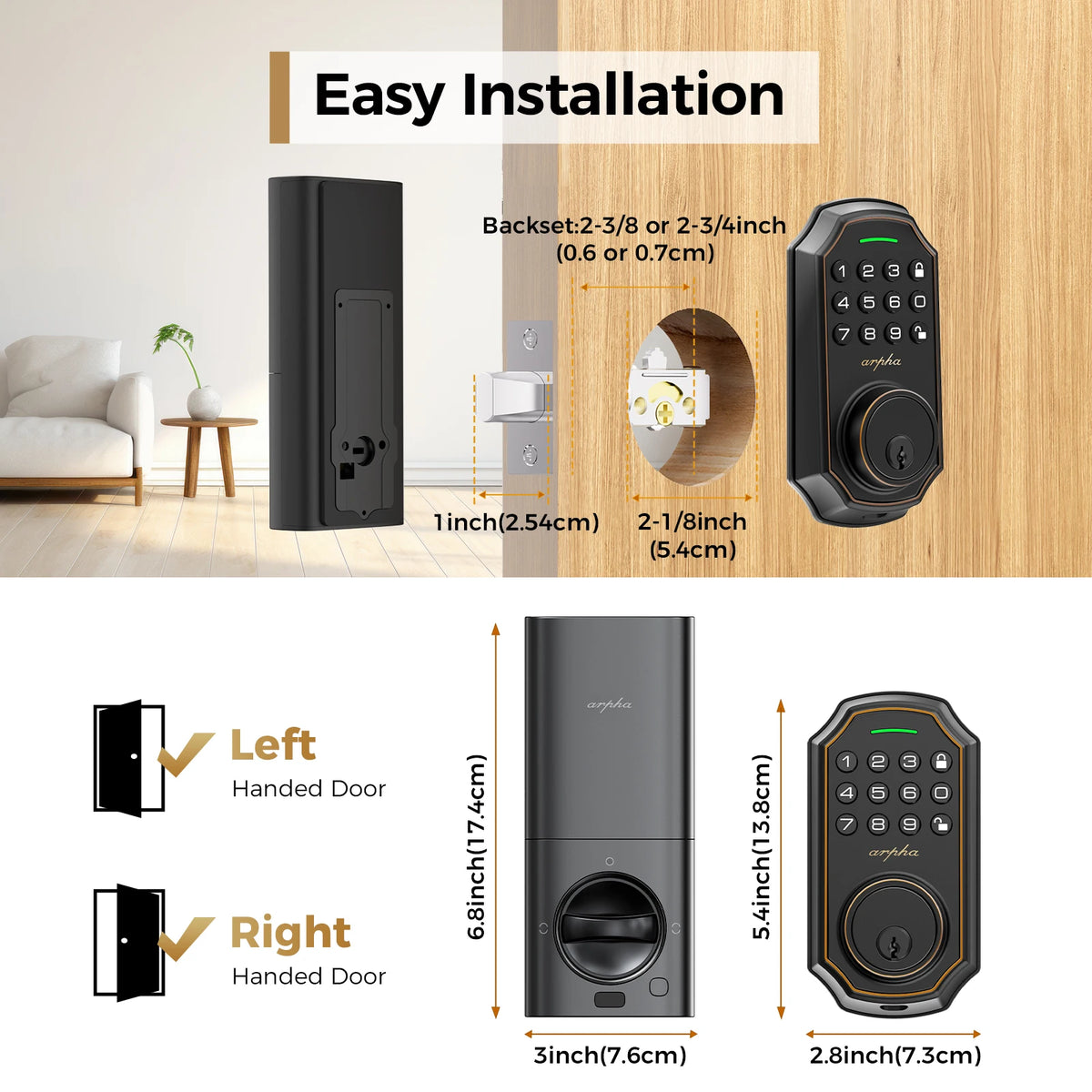 1/2/4PCS Arpha Smart Door Lock Keyless Entry Keypad Electronic Deadbolt WiFi Door Lock with Tuya App Control Auto Lock One-Time Password Anti-Peeping Passcode Battery Powered for Home Front Door