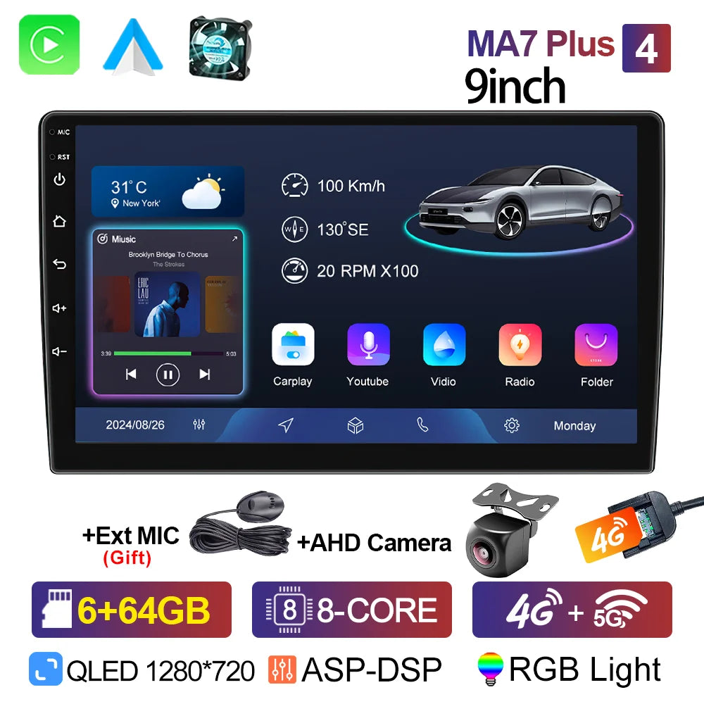Lehx 9" 2 Din Universa Android 15 Radio Carplay Android Auto Car Stereo Audio Gps Navi Bluetooth Fm Rds Wifi