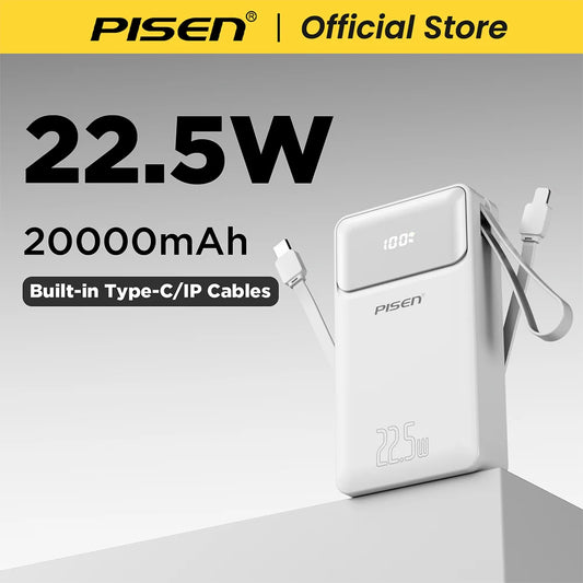 PISEN 22.5W Power Bank 20000mAh With Built-in Type C/L Cables Fast Charging Powerbank For iPhone Samsung