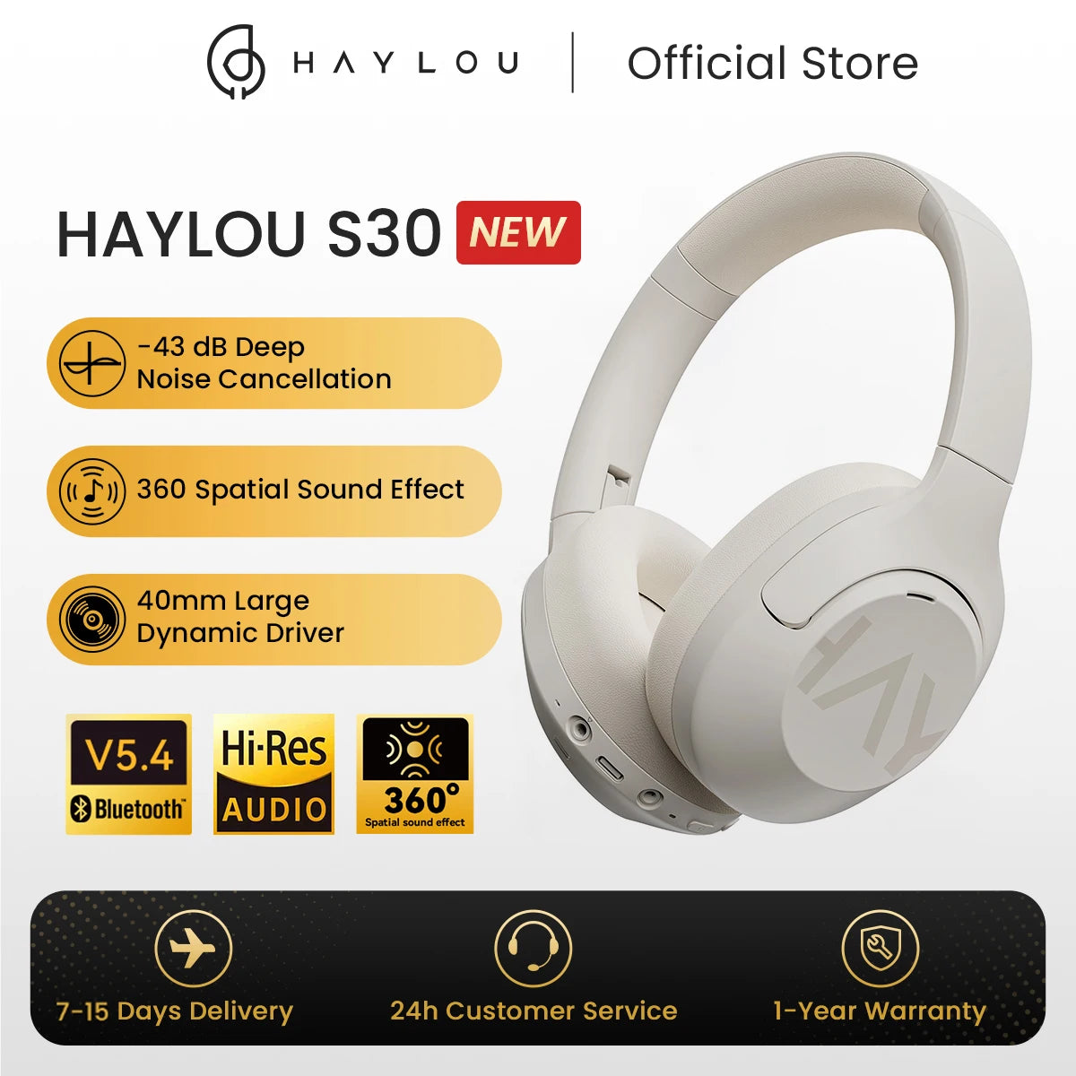 HAYLOU S30 ANC Headphones  Wireless Bluetooth 5.4 Hi-Res Headsets 43dB Adaptive Noise Cancelling Earphones 40mm Driver 80H