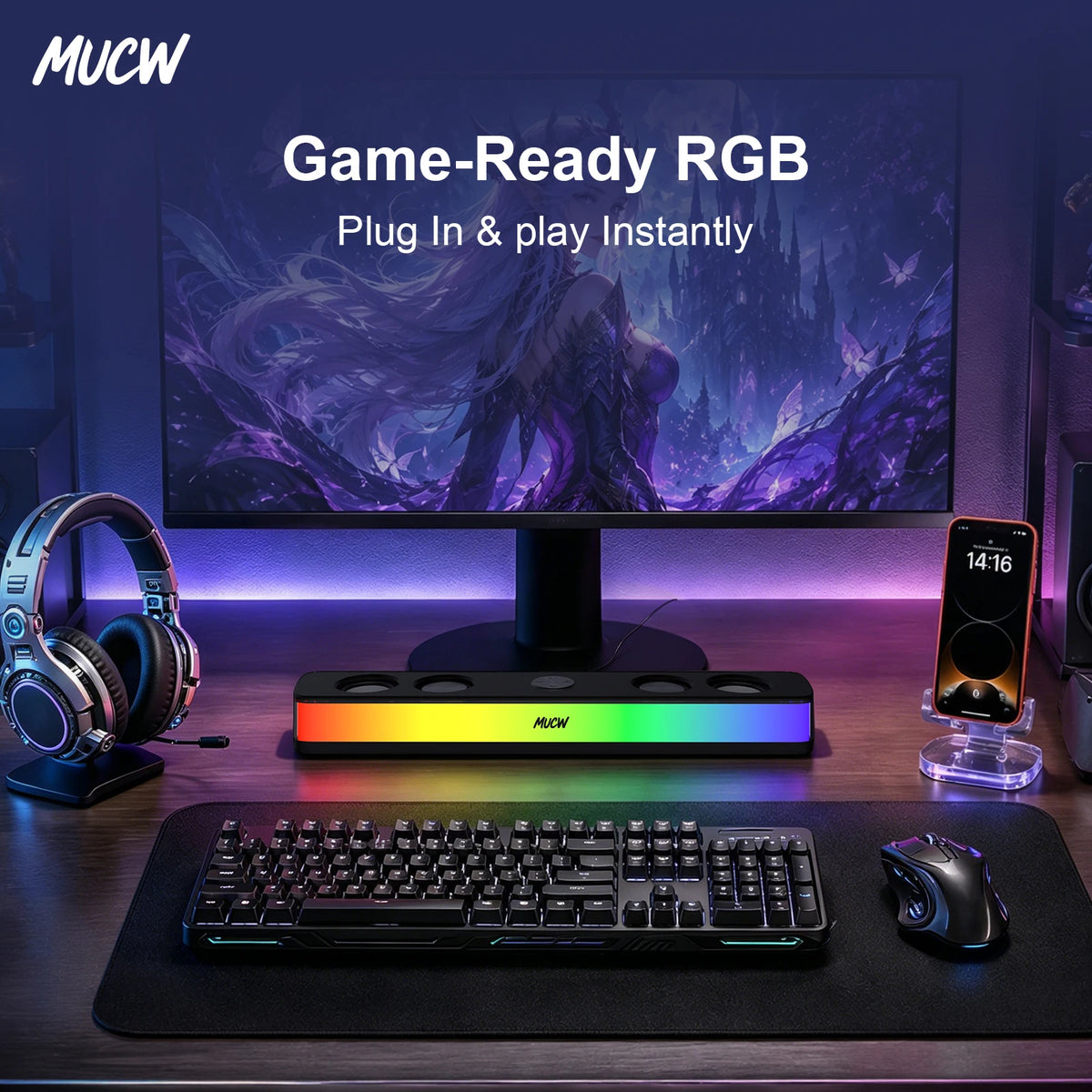 MUCW MU‑C17 Desktop RGB Sound Bar Speaker Bluetooth 5.4 & USB Wired Dual Mode 6W Stereo Gaming Soundbar with Colorful LED Light for Laptop PC Gamer Home Office