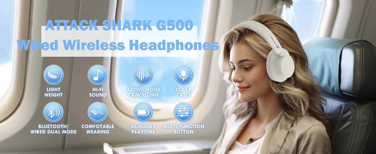 ATTACK SHARK G500 Wireless Over-ear Noise Canceling Headphones,Bluetooth ANC Gaming Headset with BT 5.3/3.5mm Audio Cable