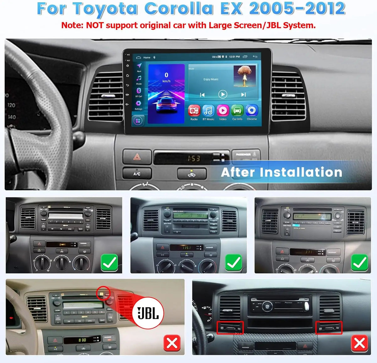 New 9inch Android 15 Quad Core Touch Car Stereo Radio Multimedia Video Player GPS Navigation Head Unit For Toyota Corolla EX 2005-2012 Support Wireless Carplay Android Bluetooth WiFi FM RDS DSP SWC Mirror Link Reverse Camera