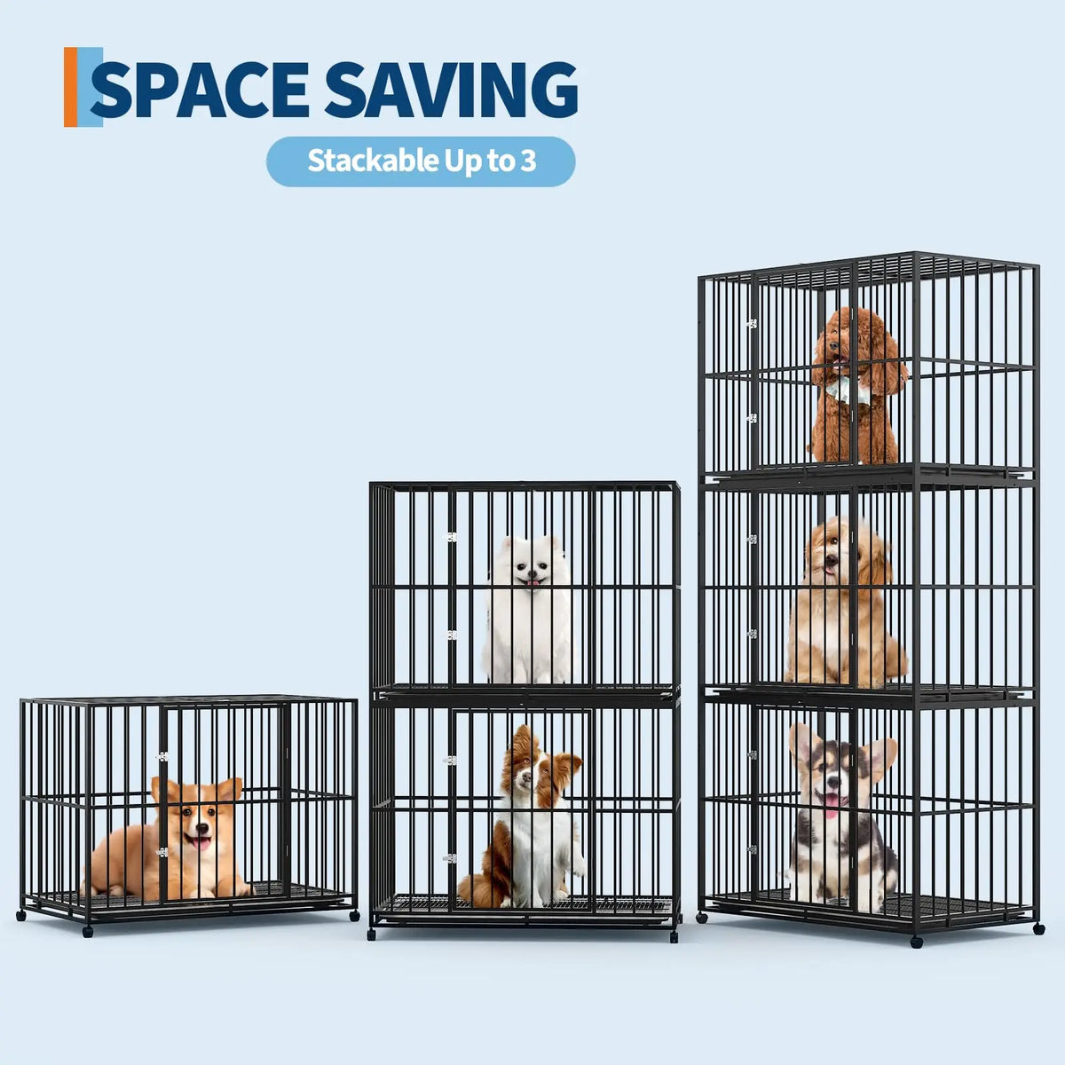 36 Inch Heavy Duty Stainless Steel Dog Crate Escape Proof Stackable Indoor Kennel with Double Locking Doors Removable Tray Openable Top and Lockable Wheels for Small Dogs