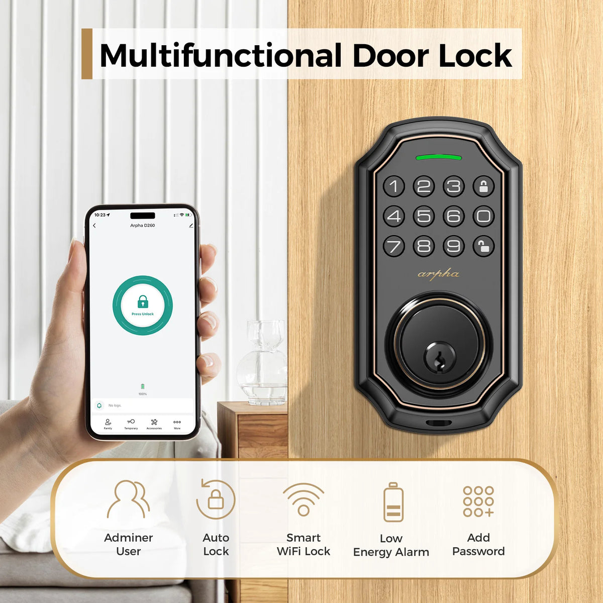 1/2/4PCS Arpha Smart Door Lock Keyless Entry Keypad Electronic Deadbolt WiFi Door Lock with Tuya App Control Auto Lock One-Time Password Anti-Peeping Passcode Battery Powered for Home Front Door