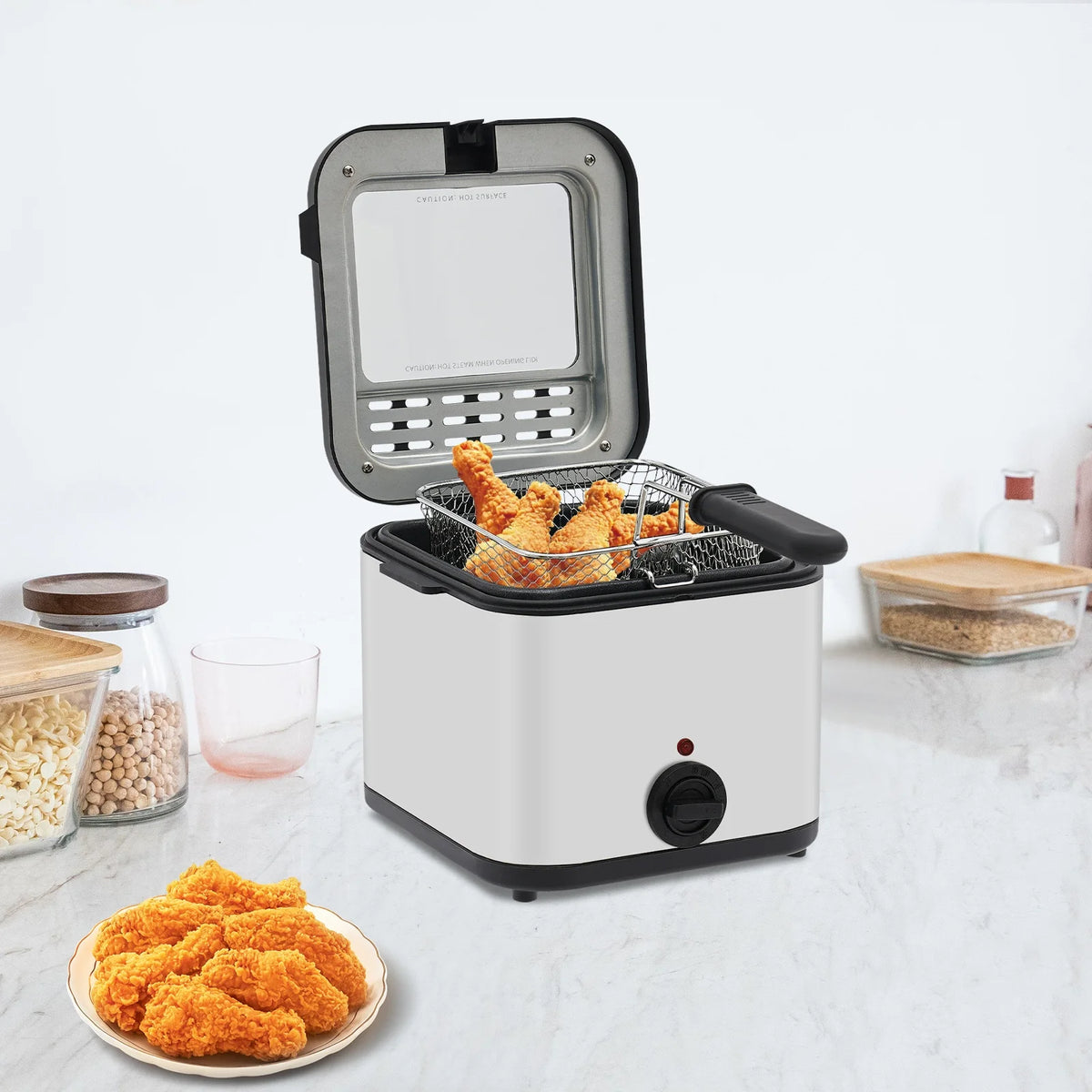 Home Electric Deep Fryer Stainless Steel Countertop Deep Frying Machine 1000W Fast Heat 2.64QT Adjustable Temp 176-374℉ Triple Cool Touch Insulation Visible Vent Lid Detachable Anti-Scald Basket Anti-Slip Mat For French Fri